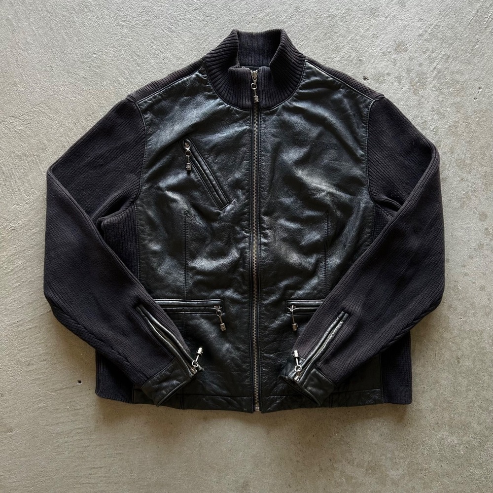 Vintage Harley Davidson Leather Jacket Womens Large Black Full Zip Ribbed Knit